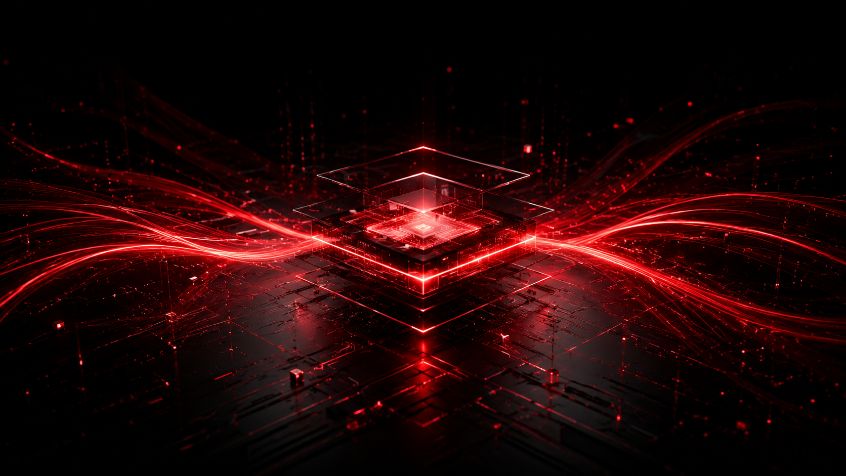 3D 電路網格與中央玻璃執行立方體,紅色光流穿過晶格。
